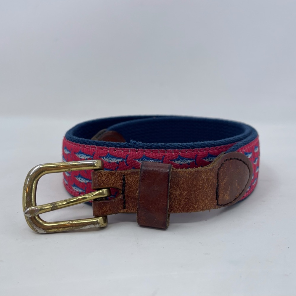 Leather Man Leather And Canvas Boys Kids Marlin Fish Belt 26” Red Navy